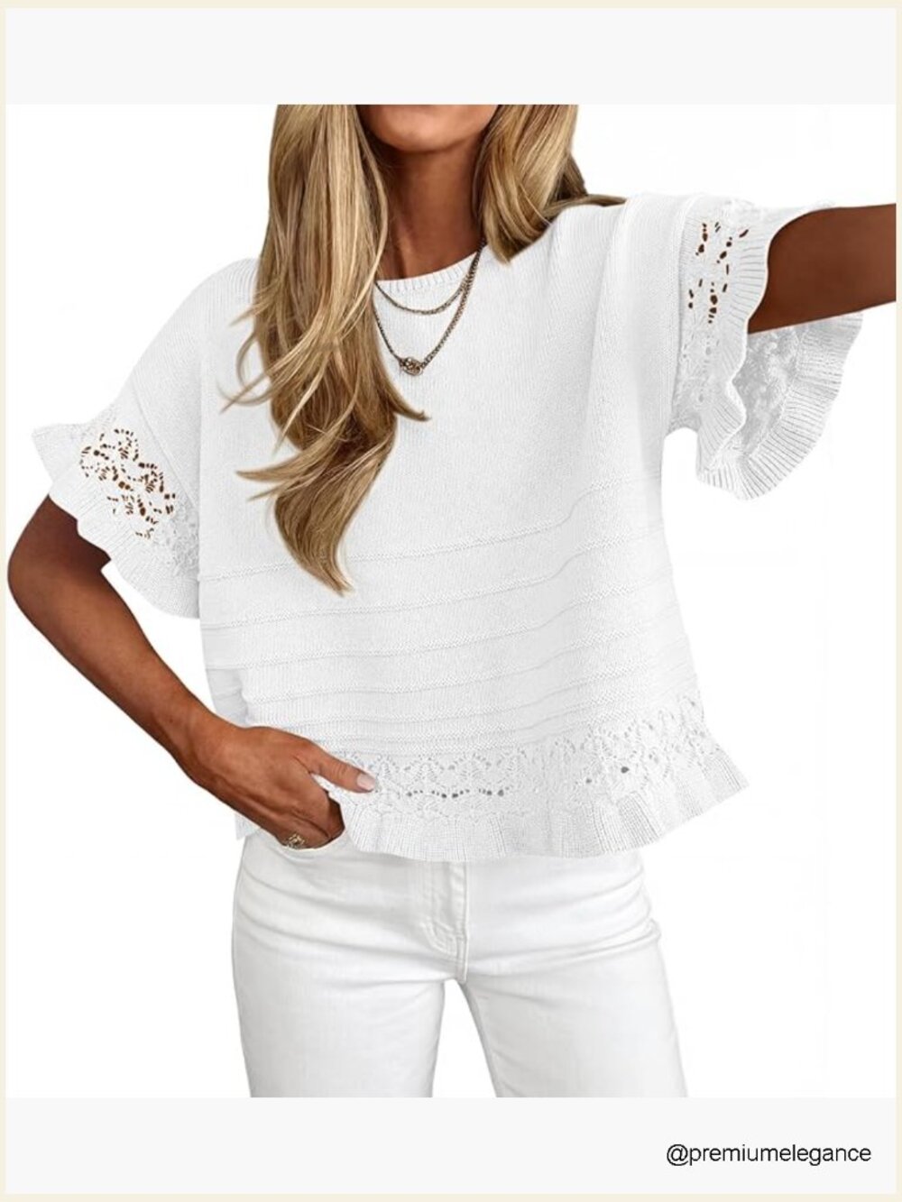 Women's Short Sleeve Crochet Sweater - Crew Neck Pullover Tops Blouse